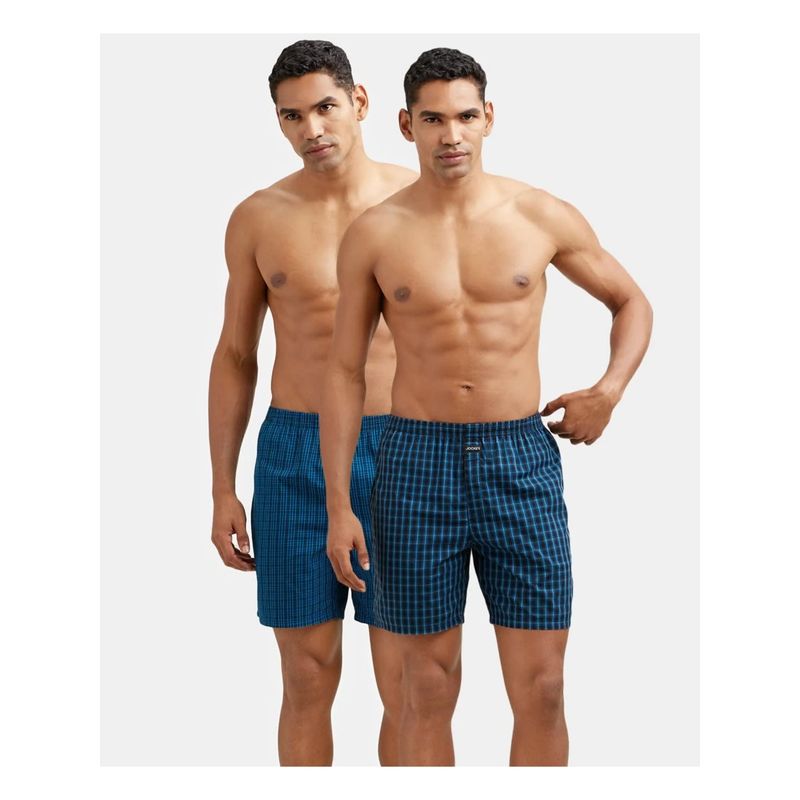 Jockey 1223 Men Cotton Woven Checkered Boxer Shorts - Seaport Teal & Black(Pack of 2) (L)