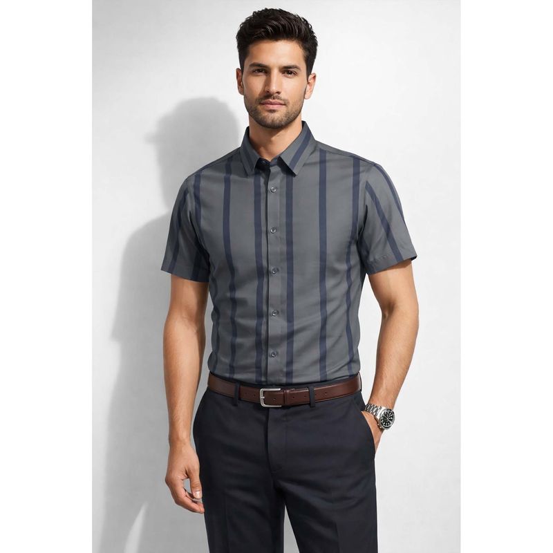 Parcel Yard Grey Mens Summer Collar Neck Stripes Shirt (M)
