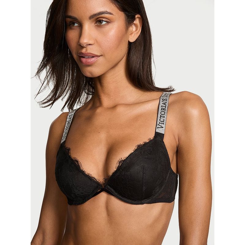 Victoria's Secret Very Sexy Shine Strap Rose Black Lace Lightly Lined Low-Cut Demi Bra (36C)