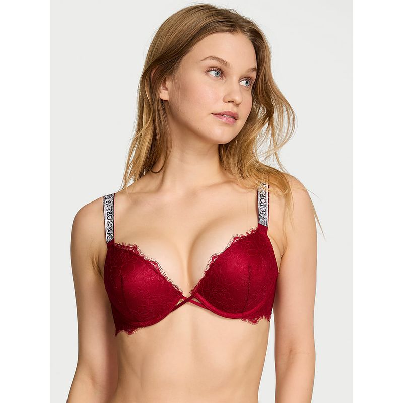 Victoria's Secret Very Sexy Bombshell Add-2-Cups Shine Red Strap Rose Lace Push-Up Bra (36C)
