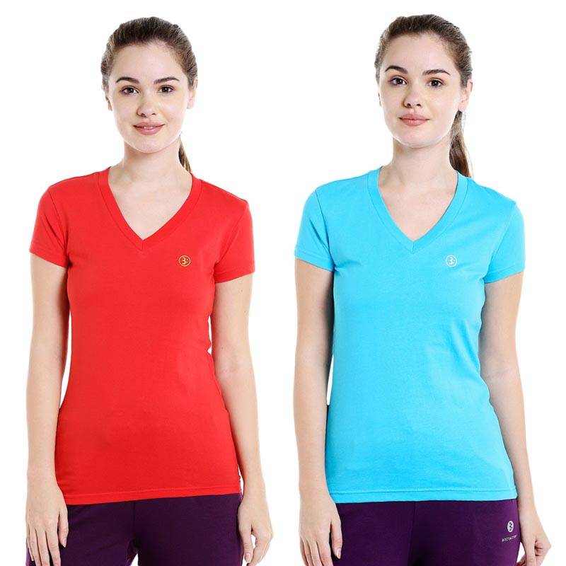 Bodyactive Multi Color T-shirt for Women - TS14-REDTUR-2PCS-S