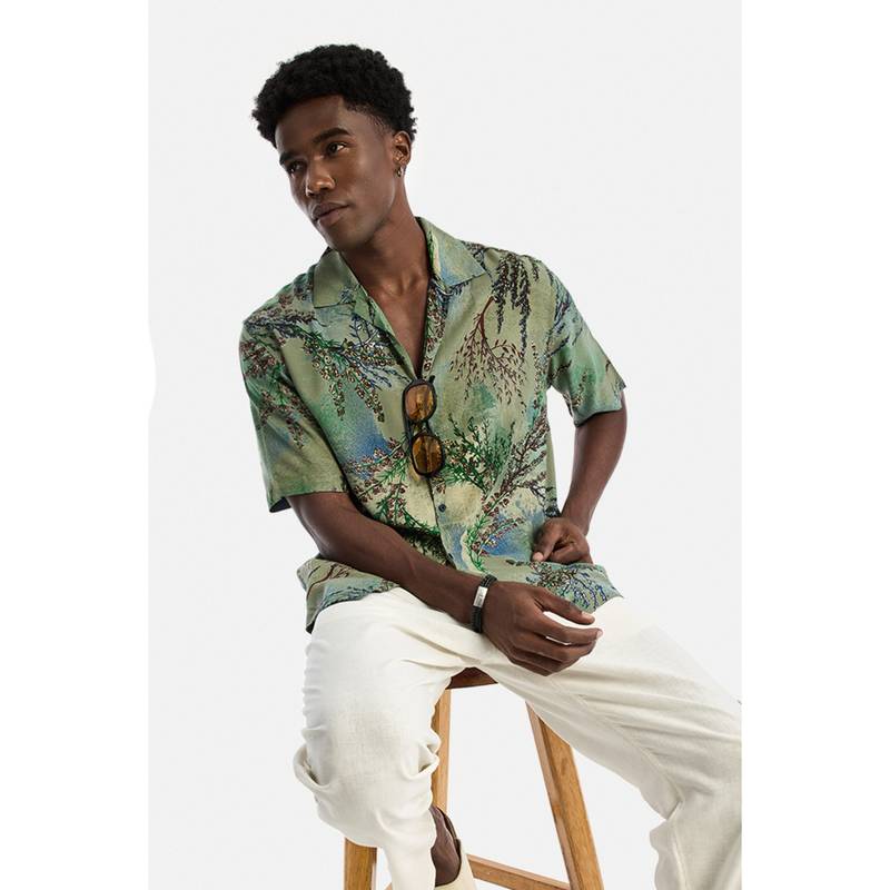 Snitch Green Floral Half Sleeves Regular Shirt for Men (XS)