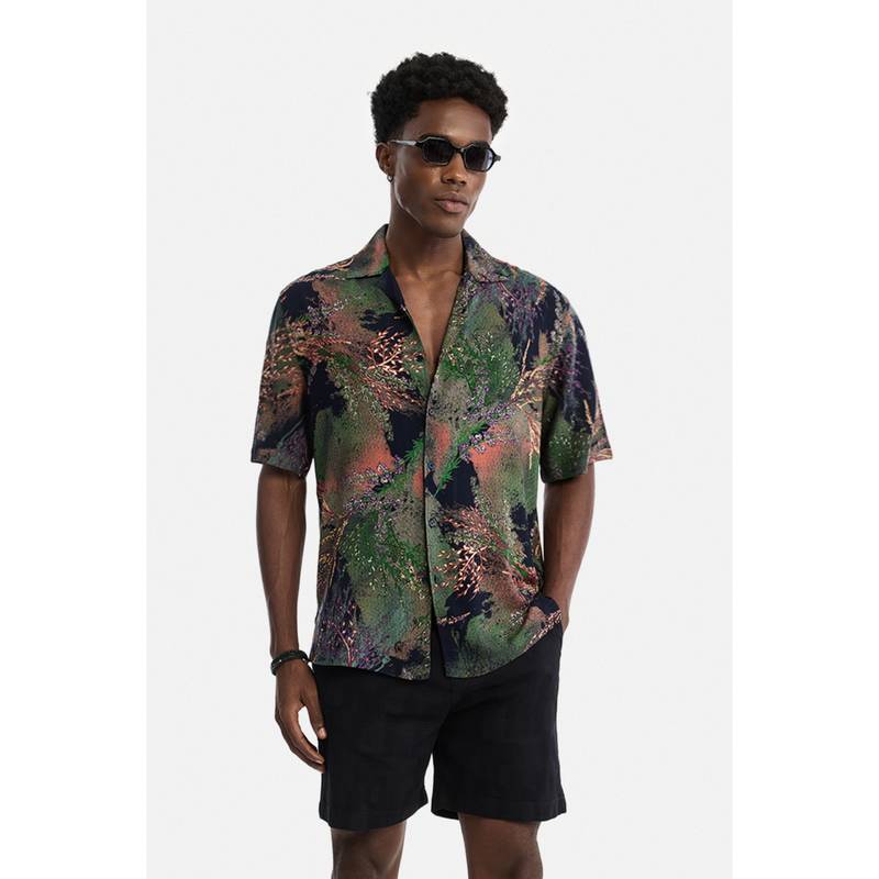 Snitch Black Floral Half Sleeves Regular Shirt for Men (XS)