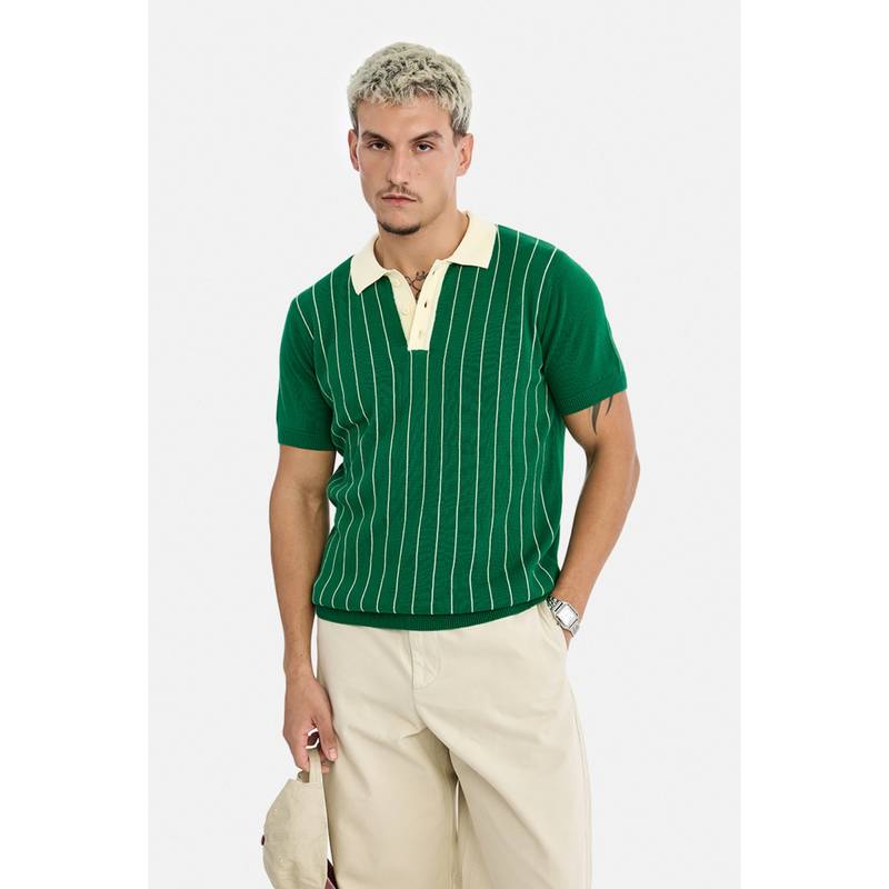 Snitch Green Stripes Half Sleeves Regular Casual Polo T-Shirt for Men (XS)
