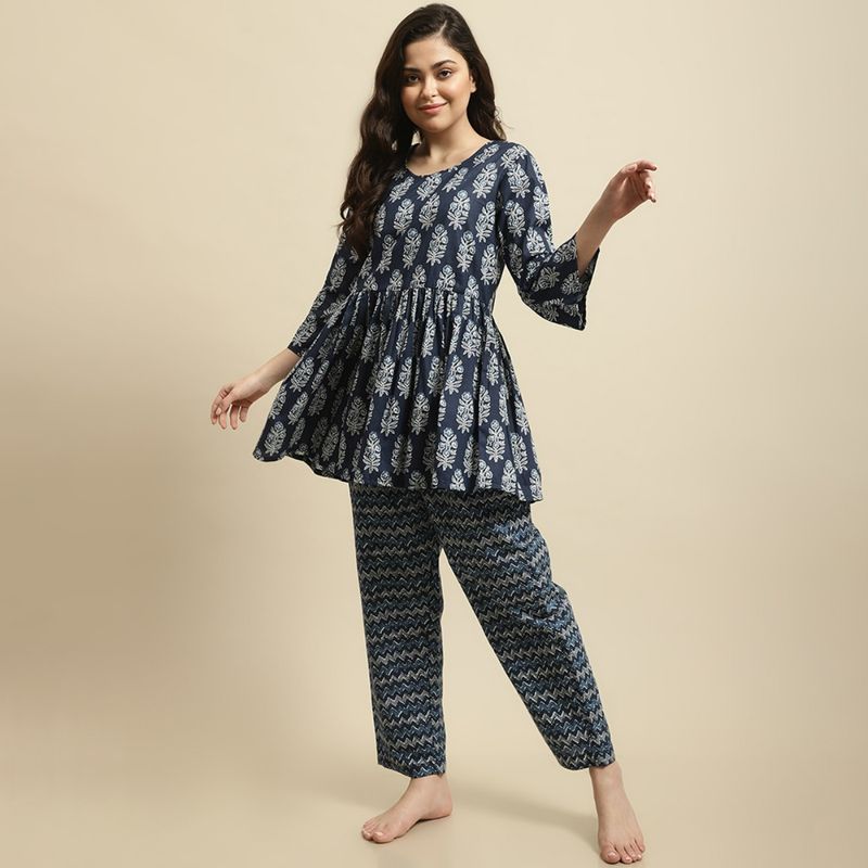 Secret Wish Womens Blue & White Jaipuri Ethnic Print Night Suit (Set of ...