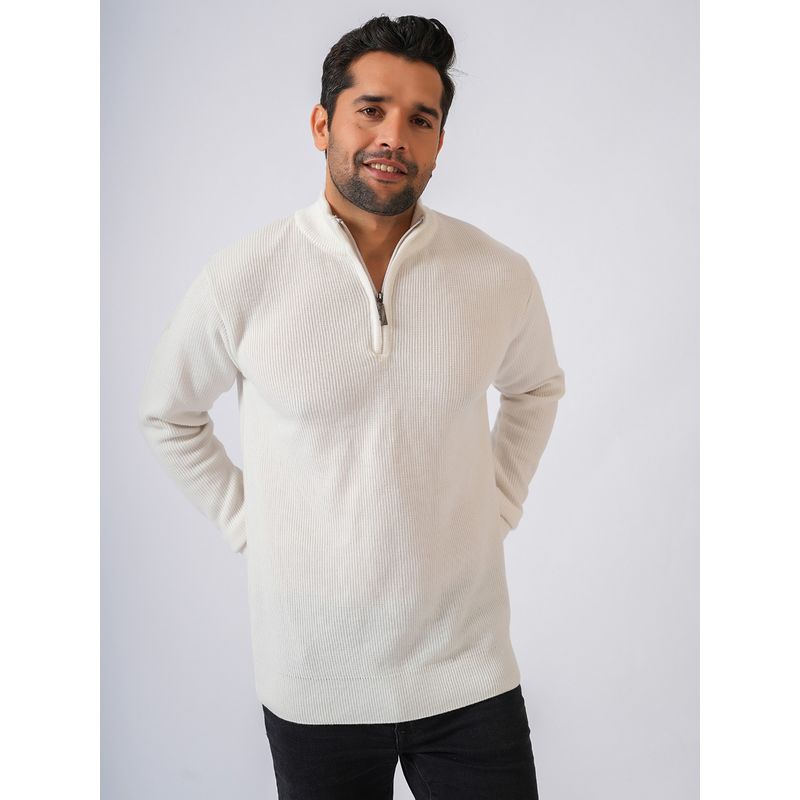 Perch White High Neck Solid Sweater (2XL)