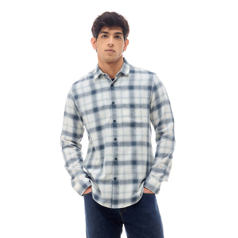 Flying Machine Teal Twill Checks Regular Fit Shirt (42)