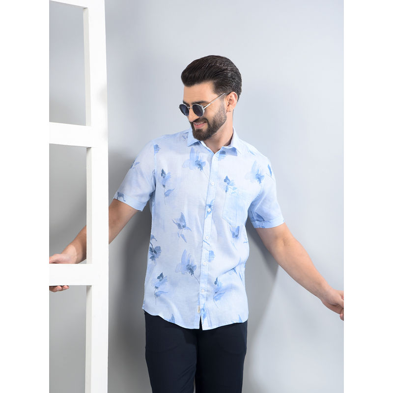 CRIMSOUNE CLUB Men Blue Floral Print Linen Shirt (2XL)