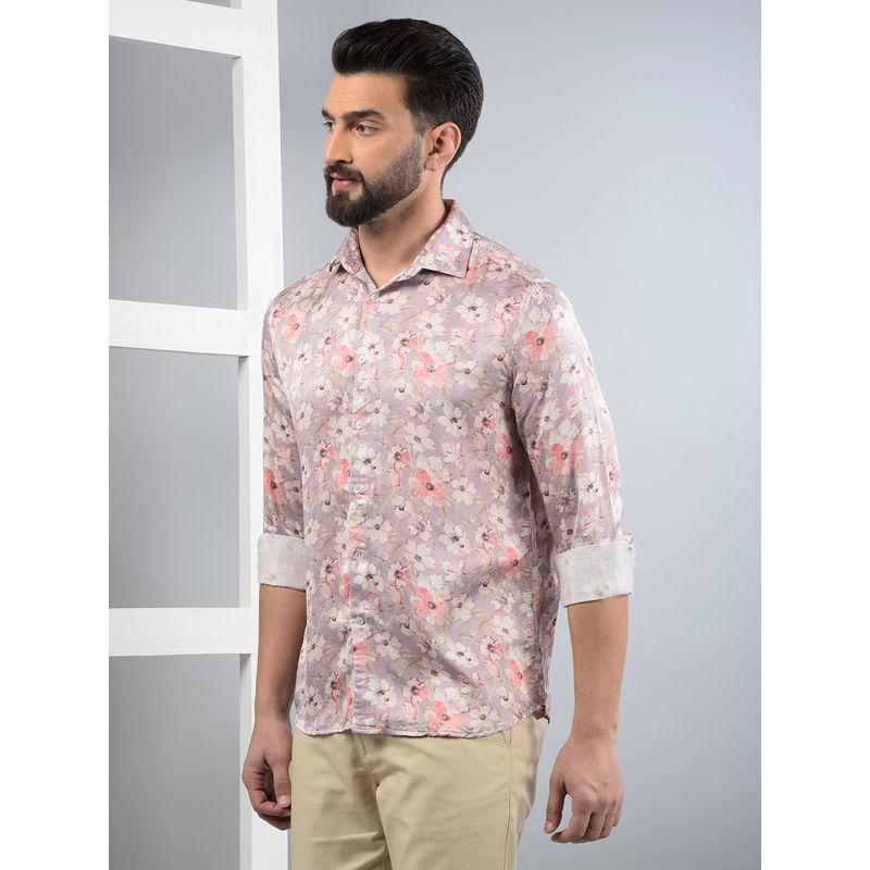 CRIMSOUNE CLUB Men Pink Floral Print Modal Shirt (S)