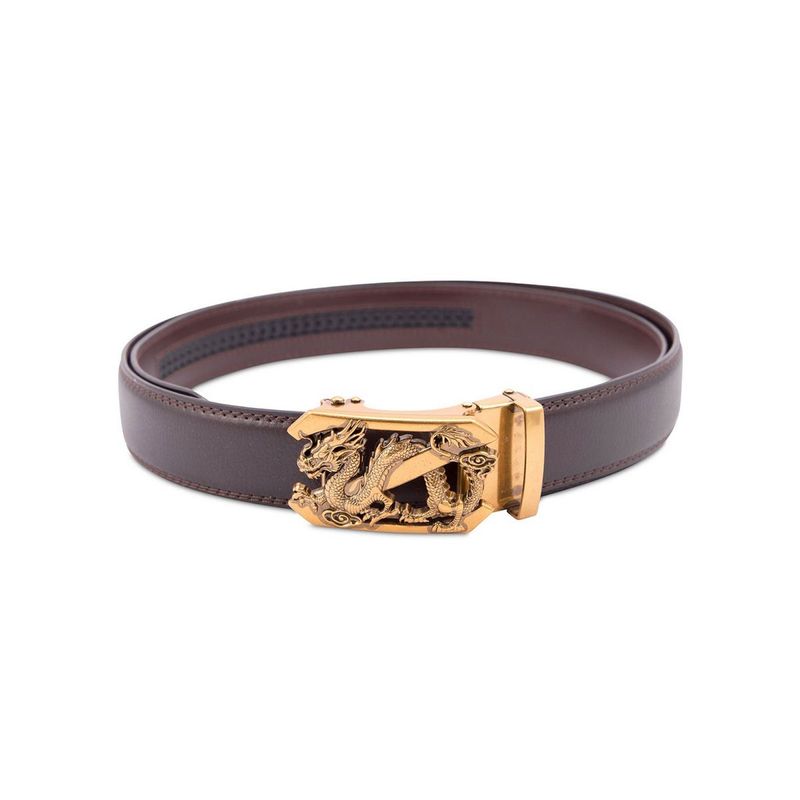 BANGE Men's Genuine Leather Brown Belt with Dragon Design Bronze Buckle (28)