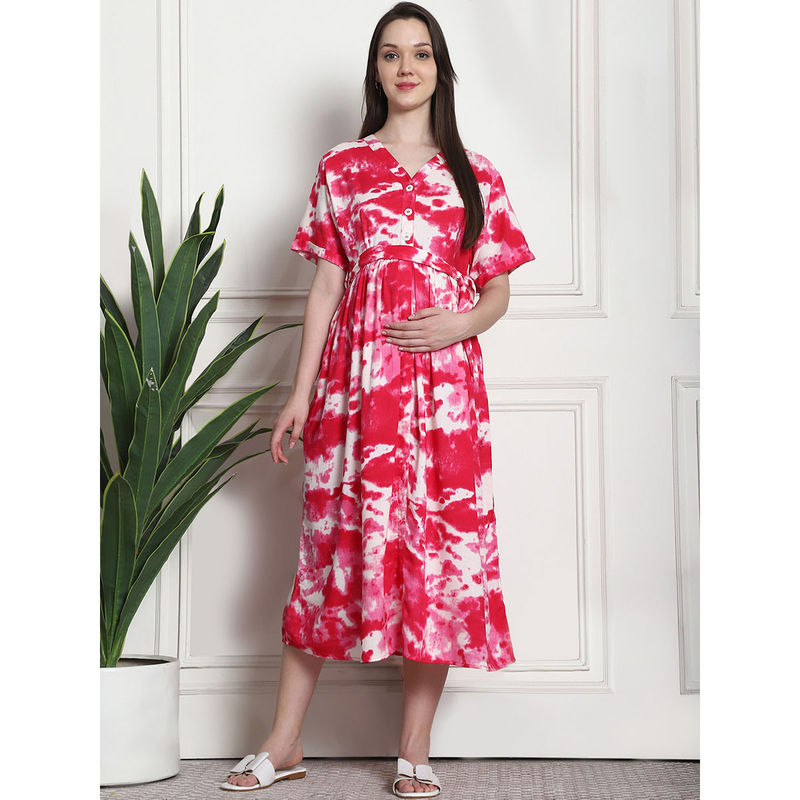 Secret Wish Tie & Dye Print Pink Rayon Maternity Dress with Belt (Set of 2) (M)