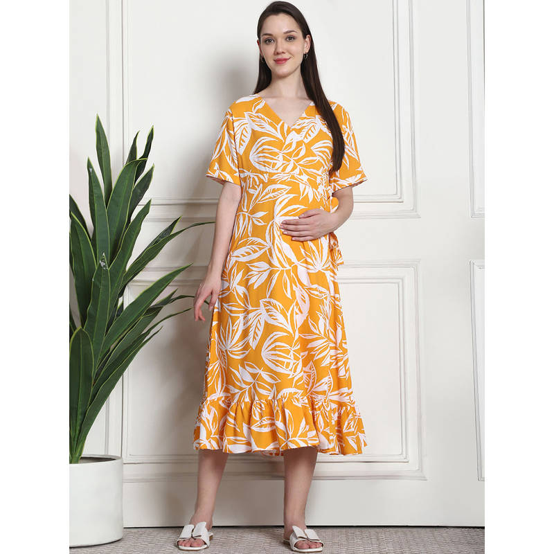 Secret Wish Floral Print Yellow Rayon Maternity Wrap Dress (2XL)