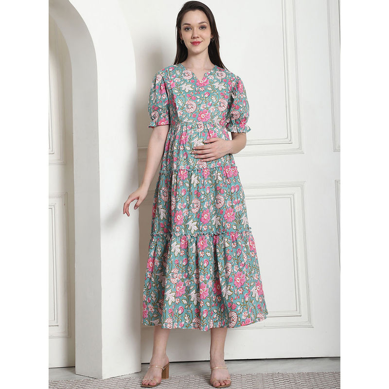 Secret Wish Floral Print Green Cotton Fit & Flare Maternity Dress (M)
