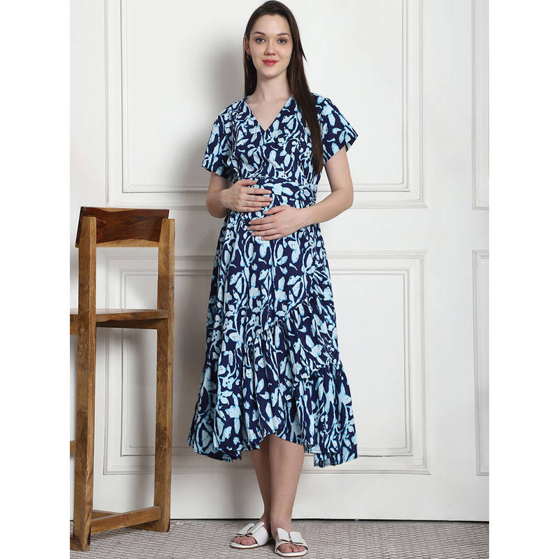 Secret Wish Floral Print Navy Blue Cotton Maternity Wrap Dress with Belt (Set of 2) (2XL)