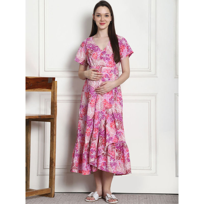 Secret Wish Floral Print Purple Cotton Maternity Wrap Dress with Belt (Set of 2) (M)
