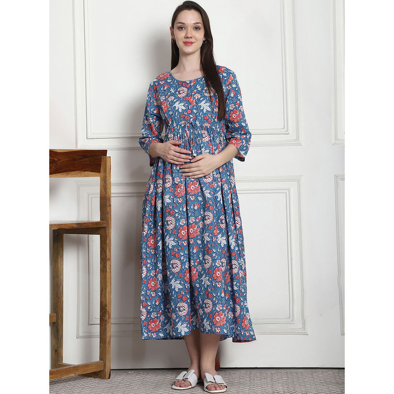 Secret Wish Floral Print Blue Cotton Maternity Nightdress (M)