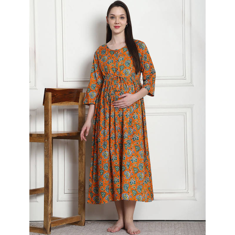Secret Wish Floral Print Orange Cotton Maternity Nightdress (M)