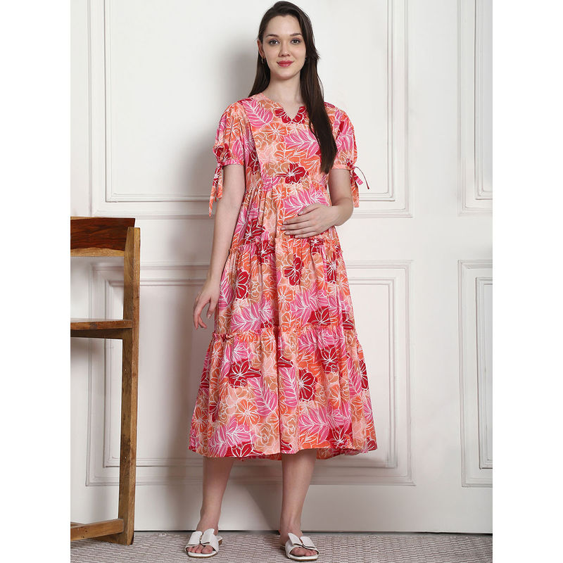 Secret Wish Floral Print Peach Cotton Fit & Flare Maternity Dress (2XL)