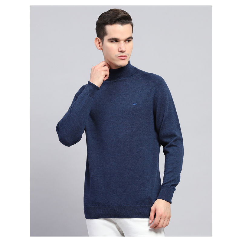 Monte Carlo Navy Blue Solid Turtle Neck Full Sleeve Pullover Sweater (L)
