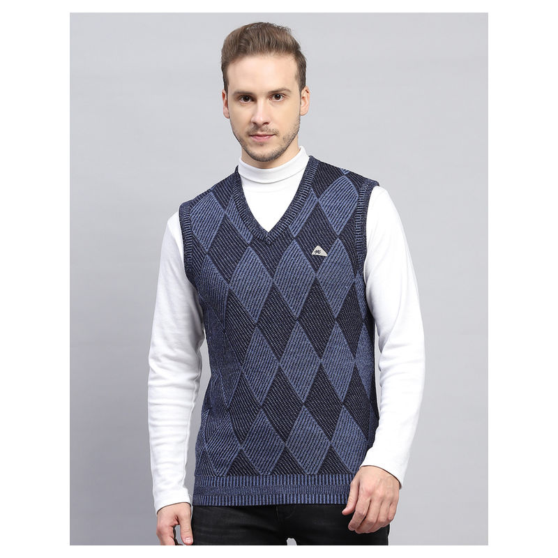 Monte Carlo Navy Blue Self Design V Neck Sleeveless Sweater (2XL)