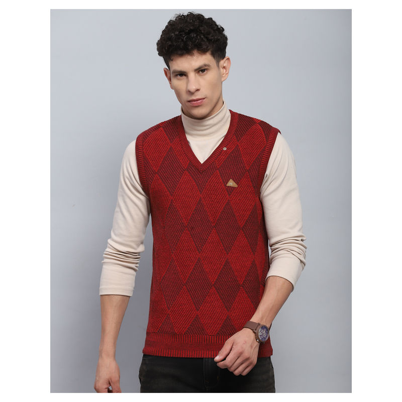 Monte Carlo Maroon Self Design V Neck Sleeveless Sweater (M)