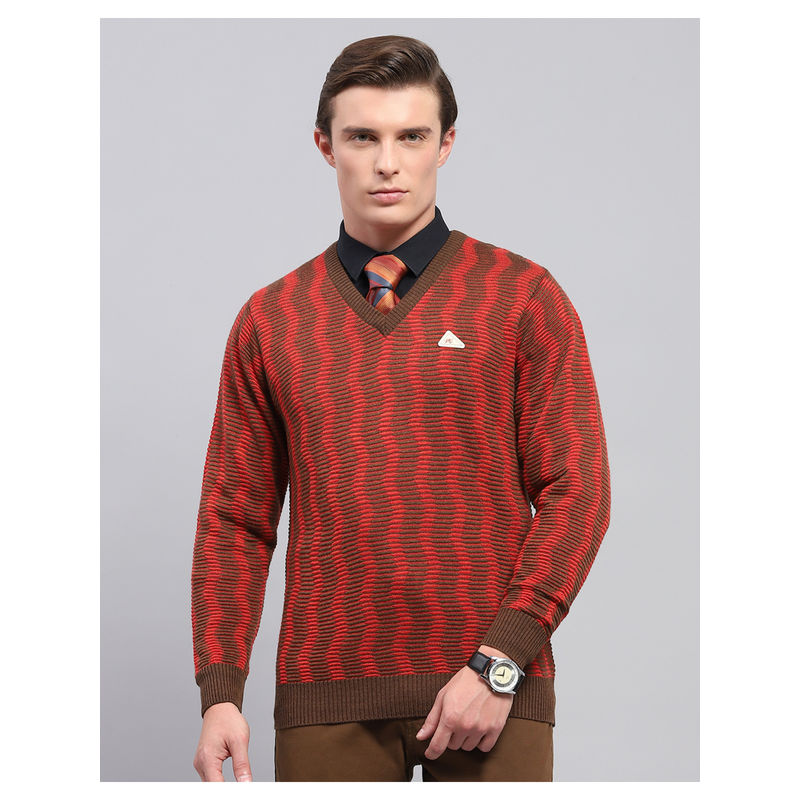Monte Carlo Red Self Design V Neck Full Sleeve Pullover Sweater (M)