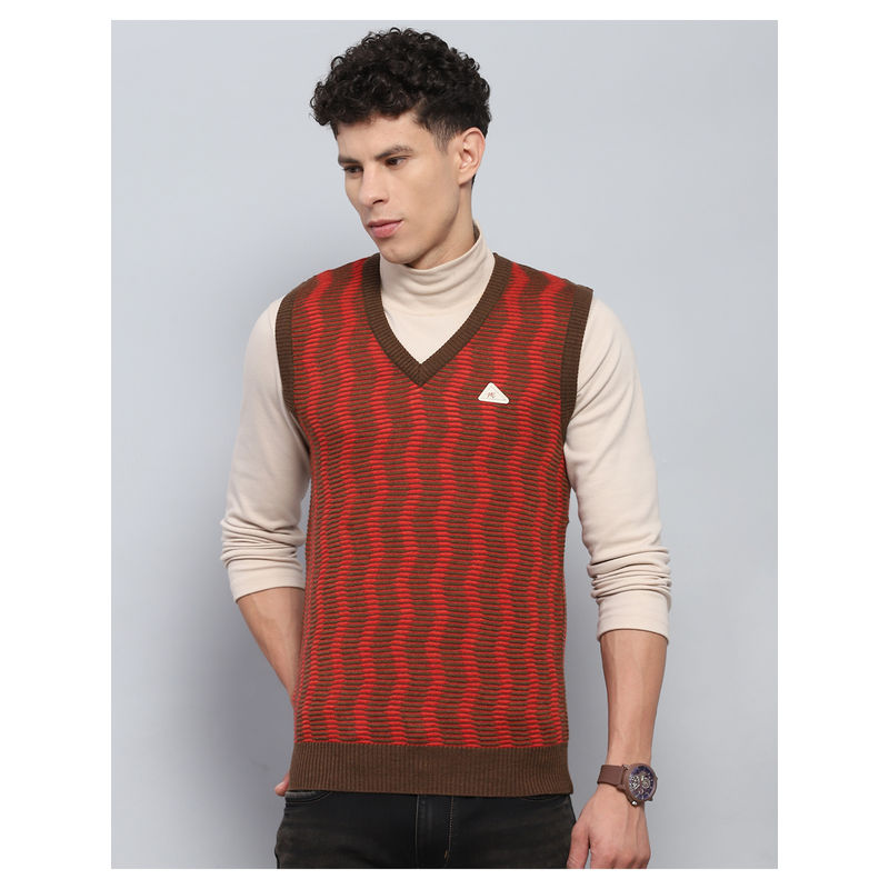 Monte Carlo Red Self Design V Neck Sleeveless Sweater (M)