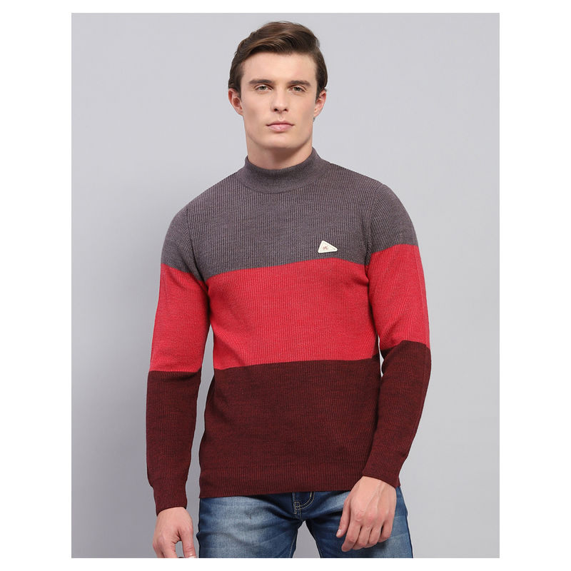 Monte Carlo Grey and Red Striped High Neck Full Sleeve Pullover (XL)