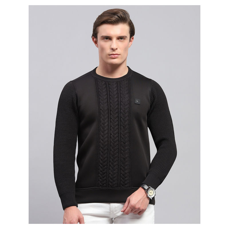 Monte Carlo Black Self Design Round Neck Full Sleeve Pullover Sweater (M)