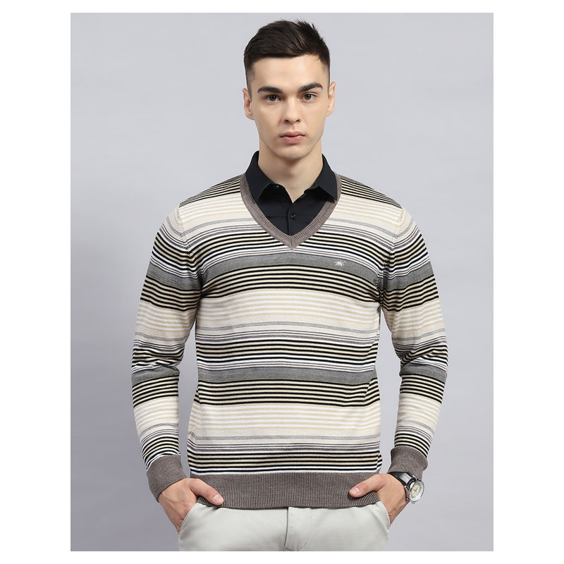 Monte Carlo Beige Striped V Neck Full Sleeve Pullover Sweater (M)