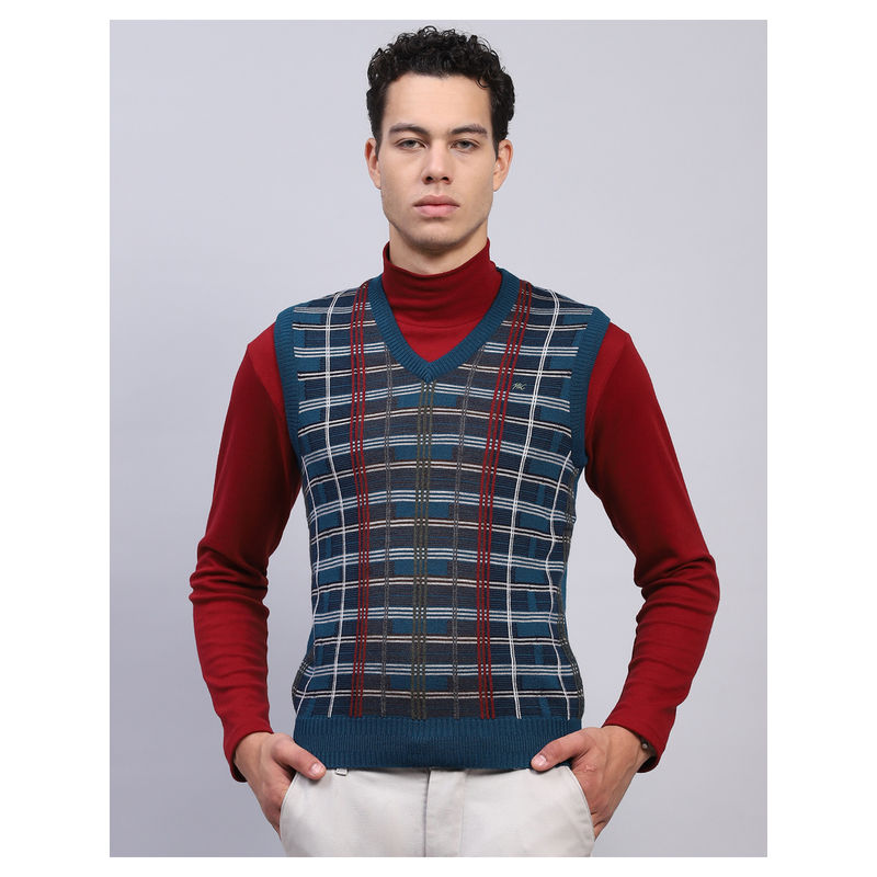 Monte Carlo Teal Self Design V Neck Sleeveless Sweater (L)