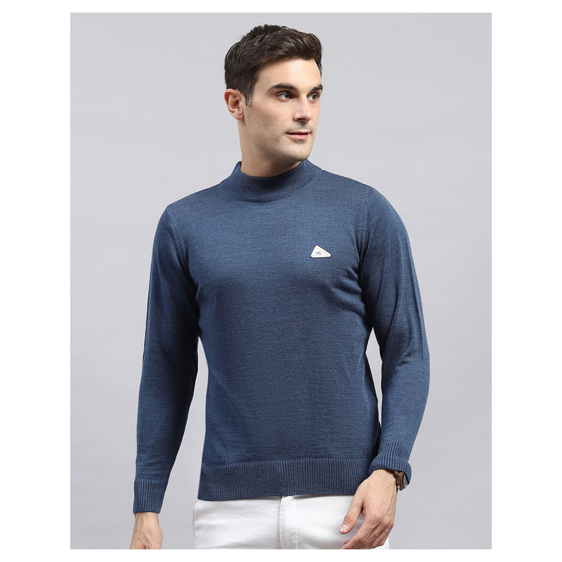 Monte Carlo Blue Solid High Neck Full Sleeve Pullover Sweater (2XL)