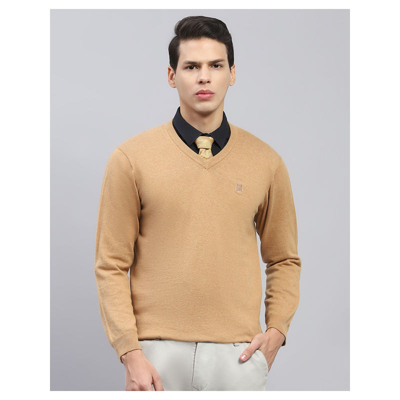 Monte Carlo Khaki Solid V Neck Full Sleeve Pullover Sweater (3XL)