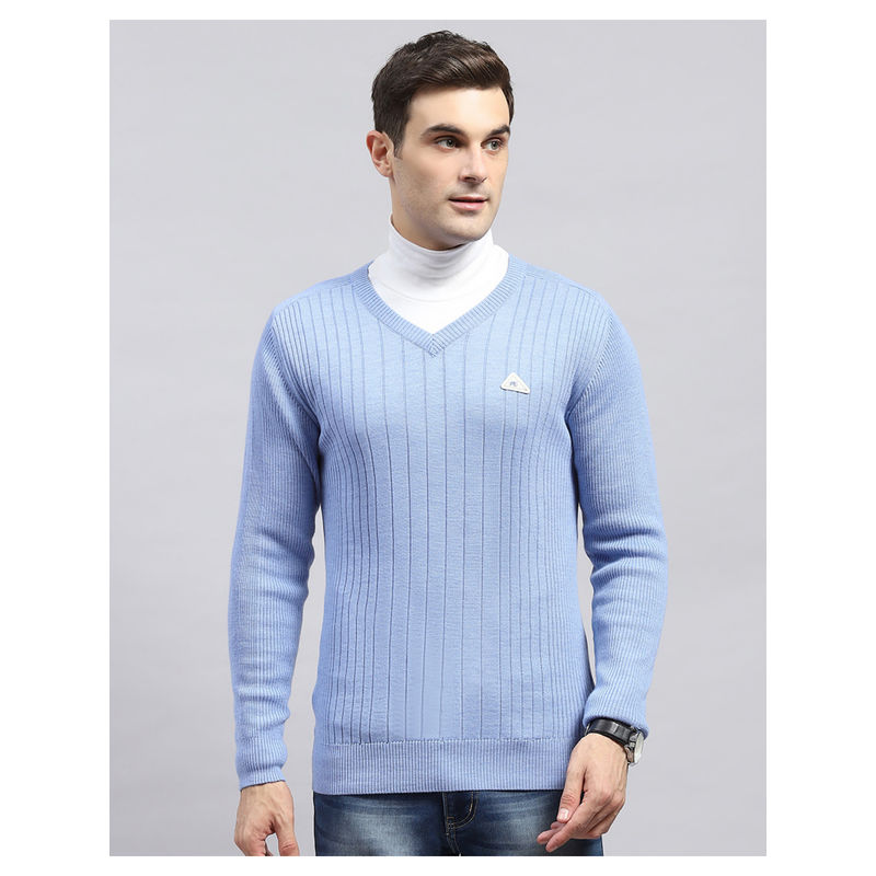 Monte Carlo Blue Stripes V Neck Full Sleeve Pullover Sweater (3XL)