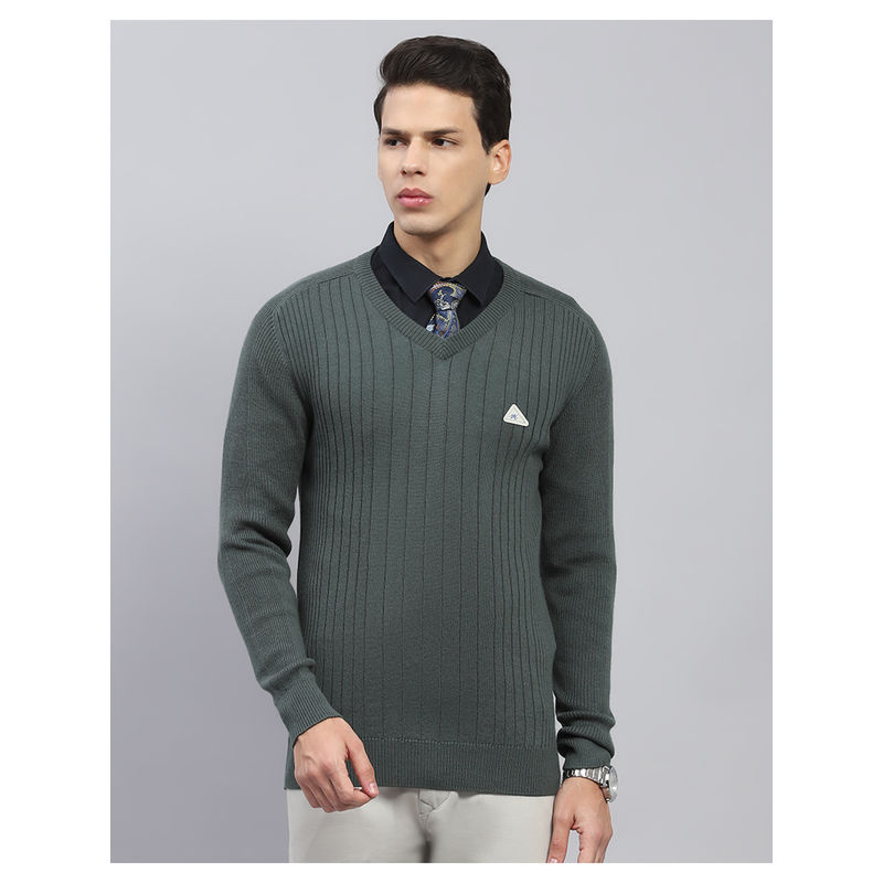 Monte Carlo Olive Stripes V Neck Full Sleeve Pullover Sweater (3XL)