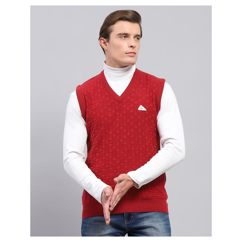 Monte Carlo Red Self Design V Neck Sleeveless Sweater (XL)