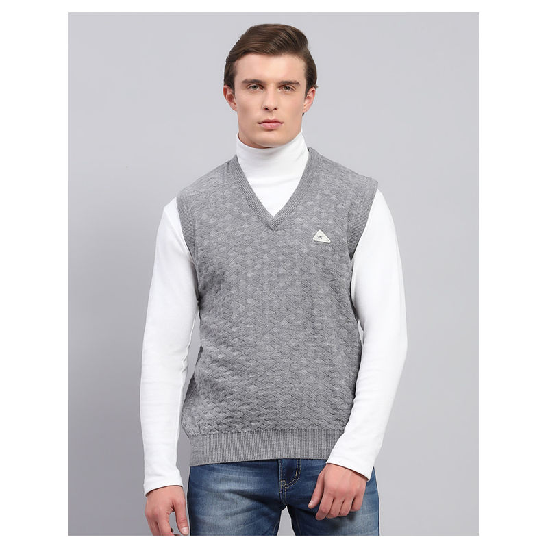 Monte Carlo Grey Self Design V Neck Sleeveless Sweater (3XL)