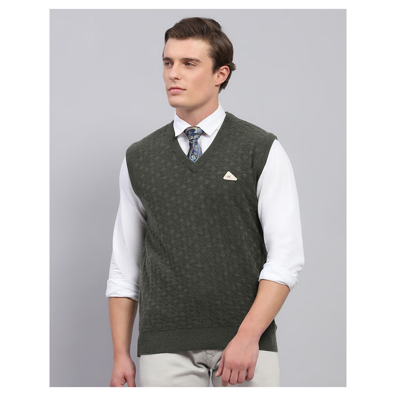 Monte Carlo Dark Green Self Design V Neck Sleeveless Sweater (3XL)