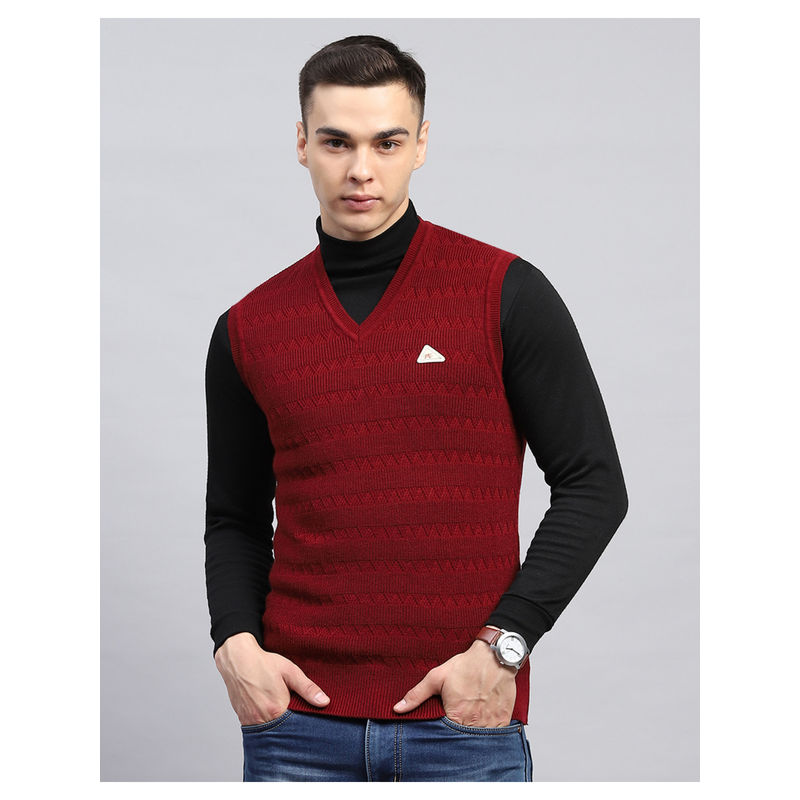 Monte Carlo Maroon Self Design V Neck Sleeveless Sweater (3XL)