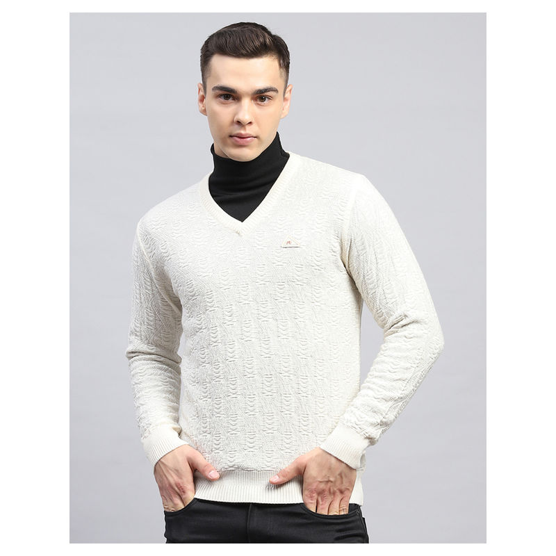 Monte Carlo Off White Self Design V Neck Full Sleeve Pullover Sweater (3XL)