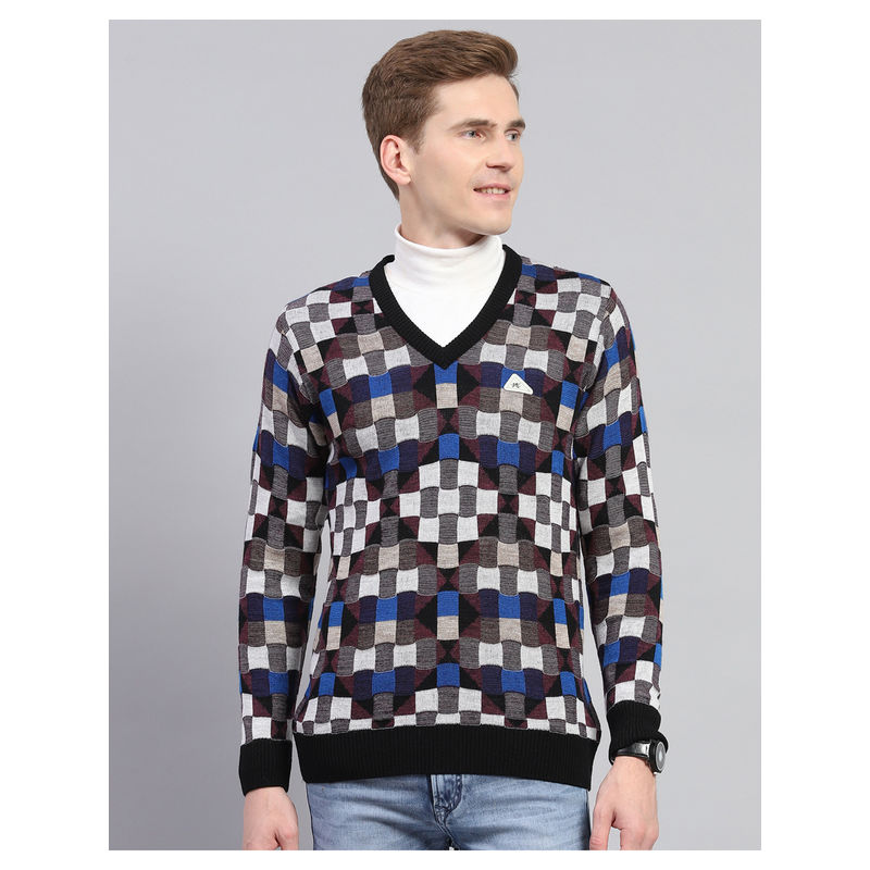 Monte Carlo Multi-Color V Neck Full Sleeve Pullover Sweater (L)