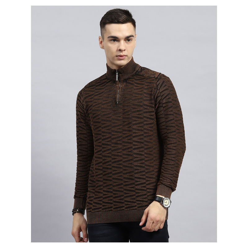 Monte Carlo Brown Self Design High Neck Full Sleeve Pullover Sweater (L)