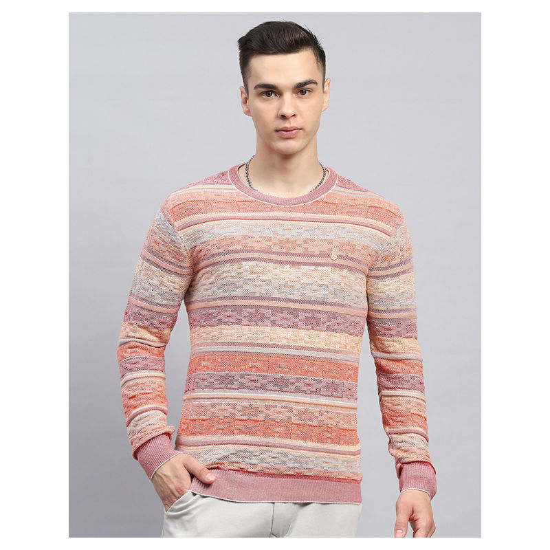 Monte Carlo Orange Self Design Pink Round Neck Full Sleeve Pullover Sweater (XL)
