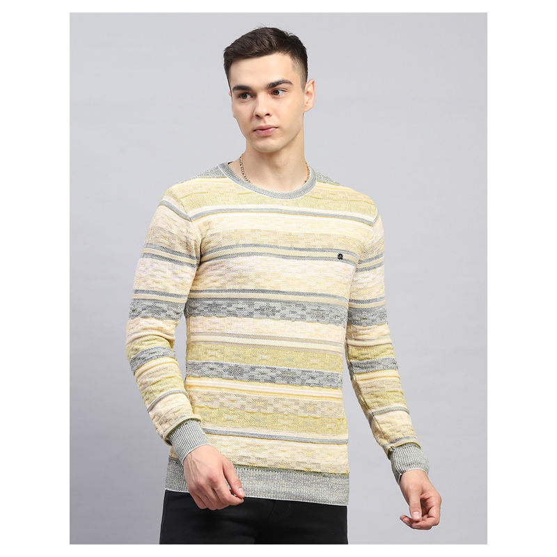 Monte Carlo Yellow Self Design Pink Round Neck Full Sleeve Pullover Sweater (3XL)