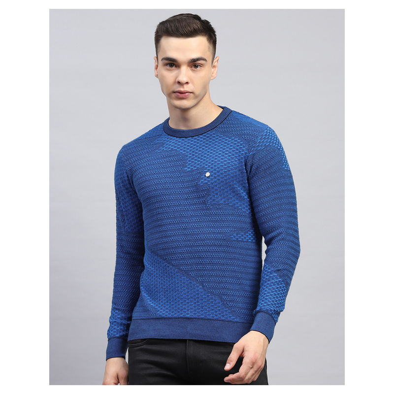 Monte Carlo Blue Self Design Round Neck Full Sleeve Pullover Sweater (XL)