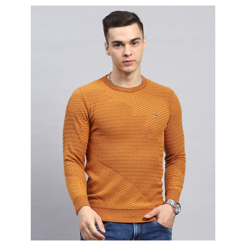 Monte Carlo Mustard Self Design Round Neck Full Sleeve Pullover Sweater (XL)