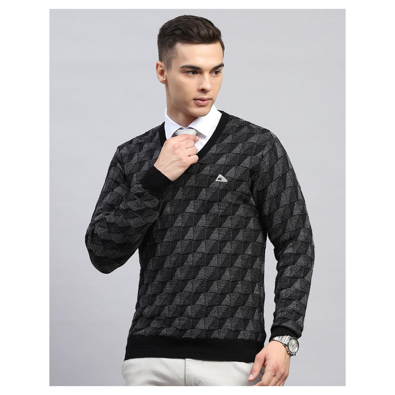 Monte Carlo Black Self Design V Neck Full Sleeve Pullover Sweater (3XL)