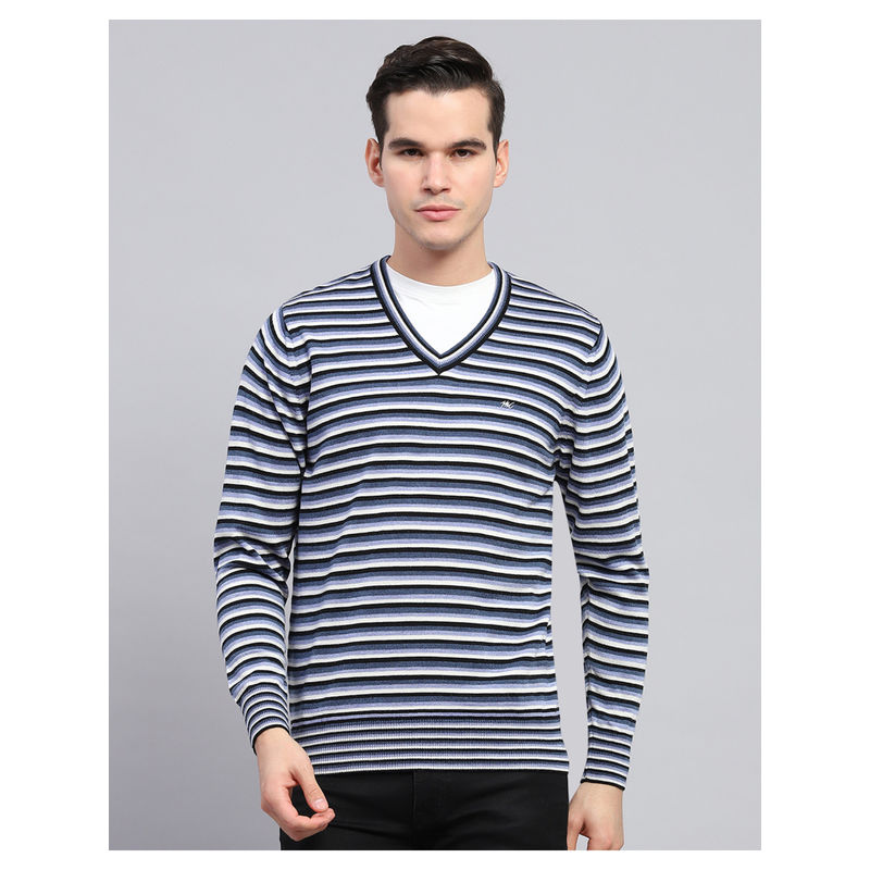 Monte Carlo Blue Striped V Neck Full Sleeve Pullover Sweater (L)