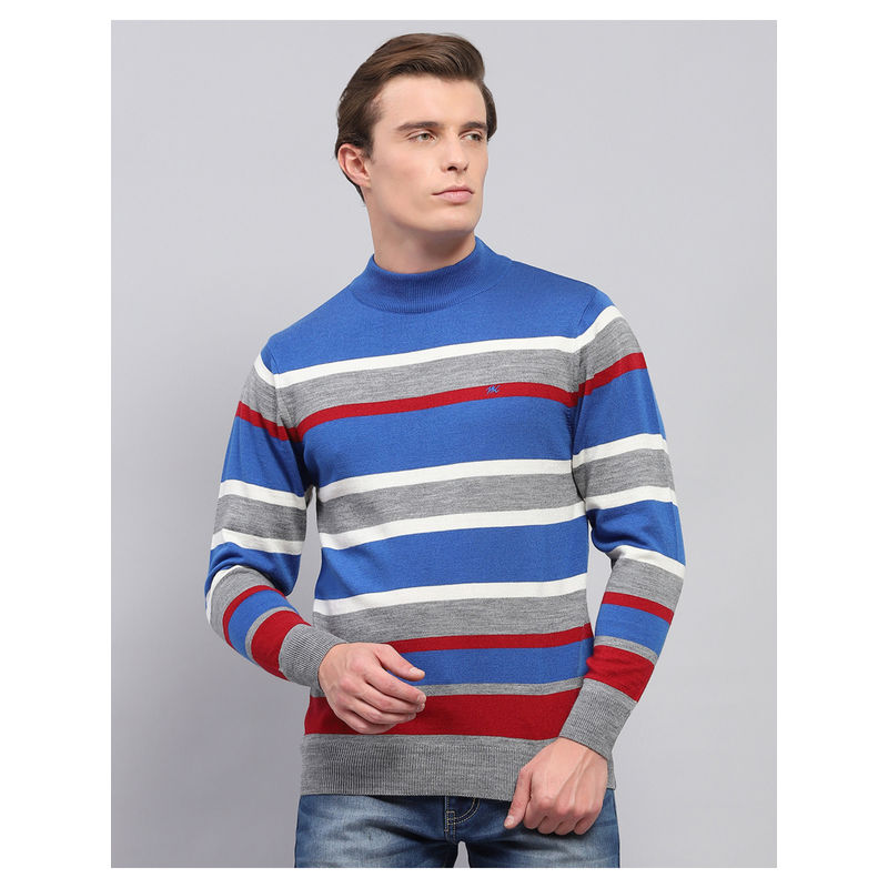 Monte Carlo Multi-Color Striped High Neck Full Sleeve Pullover Sweater (M)
