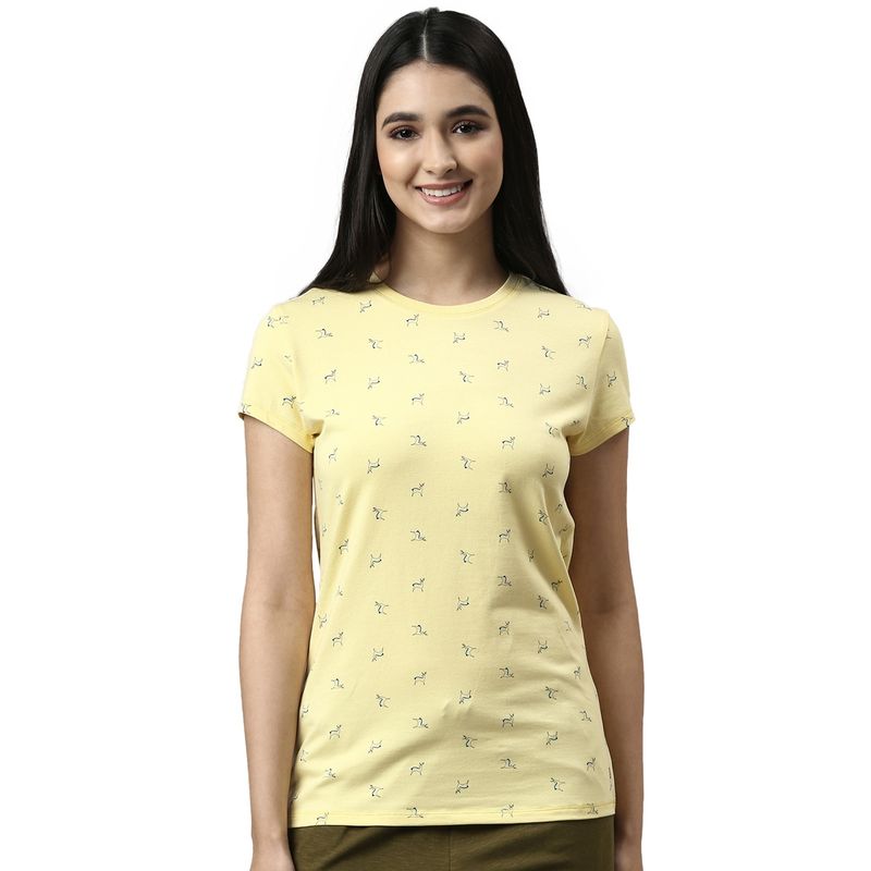 Enamor Womens E247-Short Sleeve Crew Neck Slim Fit Stretch Cotton Lounge Tshirt-Lemon Cream (L)